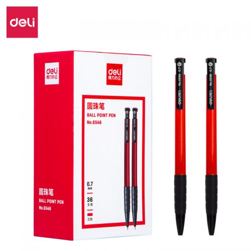 得力(deli)0.7mm紅色按動(dòng)圓珠筆中油筆 軟膠握手原子筆36支/盒YZB-6546