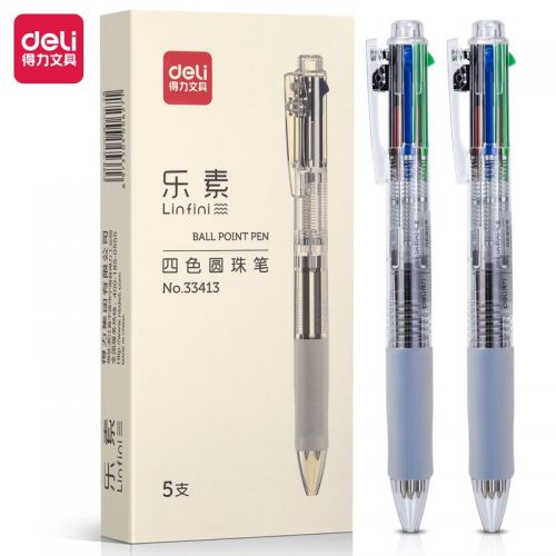 得力(deli)多功能4色圓珠筆 0.7mm子彈頭按動(dòng)筆原子筆中油筆 (黑紅藍(lán)綠) 5支/盒DL-33413