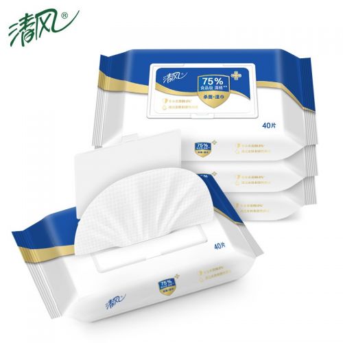 清風 含75%食品級酒精濕巾抽取式殺菌濕紙巾單包40片共4包160片家庭裝